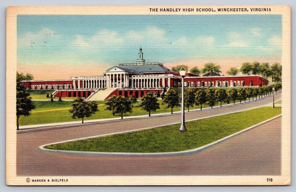 Vintage 1944 Linen Postcard Winchester VA Handley High School WWII Soldier Note